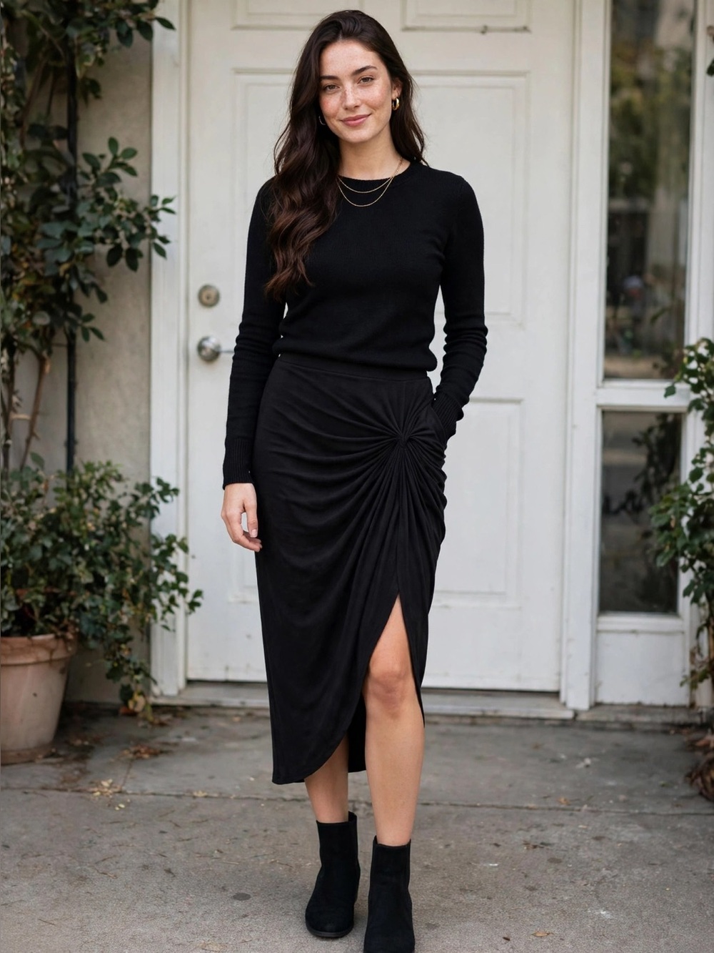 Stella Luce Black Asymmetrical Ruched Side-Slit Midi Skirt